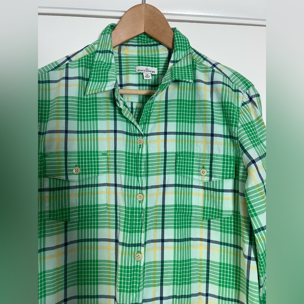 LL Bean Signature Women’s Plaid Shirtdress Midi Green White Blue Yellow Size 14 - Picture 2 of 8